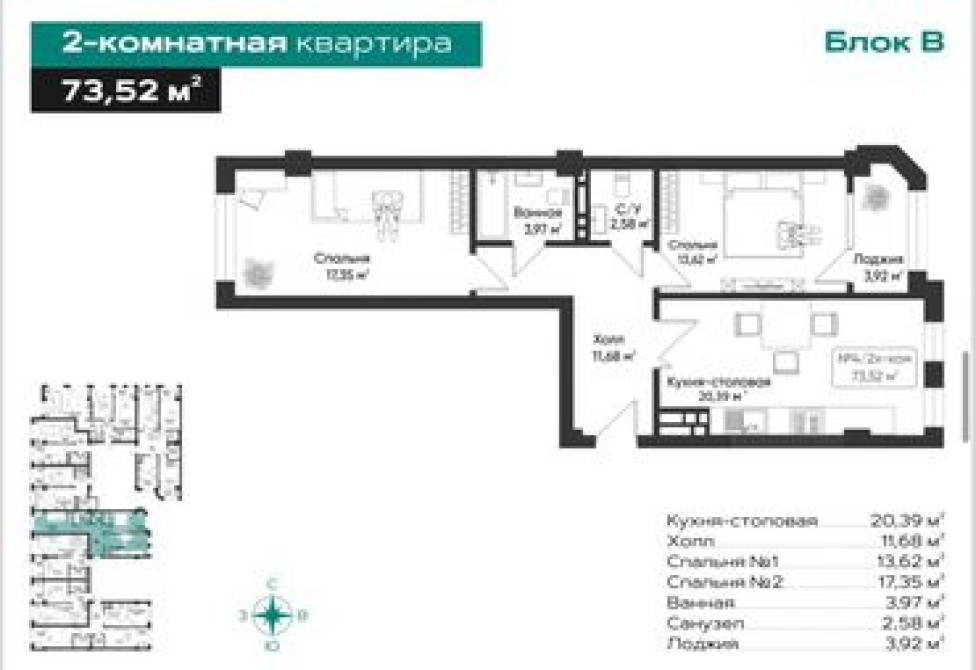 2 комнаты, 74 м², Элитка, 6 этаж, ПСО (под самоотделку) Bishkek - photo 2