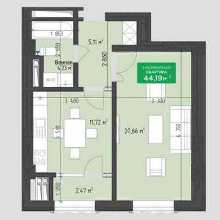 1 комната, 44 м², Элитка, 9 этаж, ПСО (под самоотделку) Бишкек