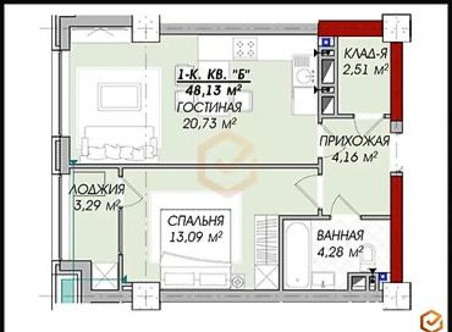 1 комната, 48 м², БГУ Элитка, 18 этаж Bishkek - photo 1