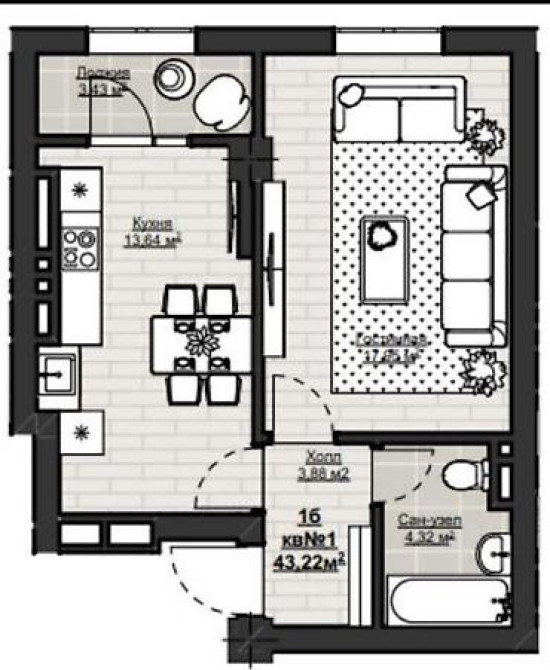 1 комната, 43 м², АУЦА Элитка, 7 этаж, ПСО (под самоотделку) Bishkek - photo 6