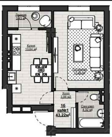 1 комната, 43 м², АУЦА Элитка, 6 этаж, ПСО (под самоотделку) Bishkek