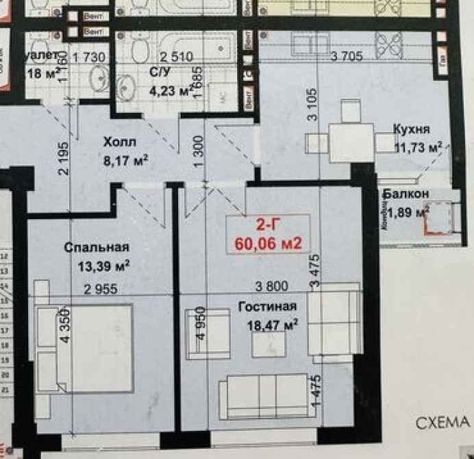2 комнаты, 60 м², Элитка, 13 этаж, ПСО (под самоотделку) Бишкек - изображение 3
