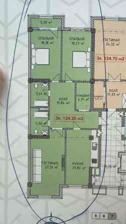 3 комнаты, 124 м², Элитка, 3 этаж, ПСО (под самоотделку) Bishkek
